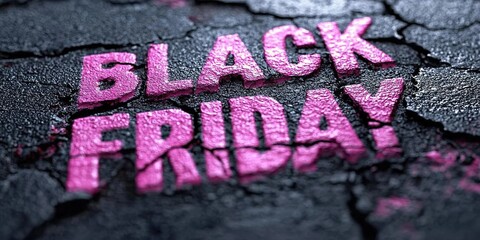 A close-up of a pink Black Friday inscription on the asphalt against a background of blurred people with colorful bags. The concept of discounts and sales