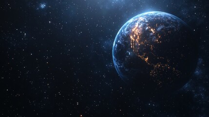 Obraz premium A view of Earth from space, highlighting city lights against a starry background.