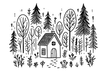 Naklejka premium Cozy tiny house in forest surrounded by trees. Home Sweet Home. Cute cartoon little house in minimalist hand drawn black and white style for decoration, greeting card, postcard. Transparent PNG file