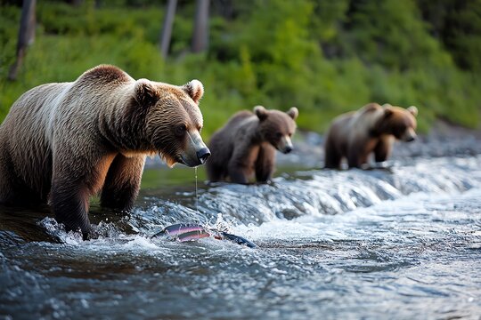 A family of brown bears fishing in a river, with the powerful animals standing in the water, waiting to catch salmon as they swim upstream