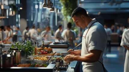 A male olympic chef cooking, meal based on data and nutritional values for a multicultural crowd of young people, modern kitchen. Generative AI.