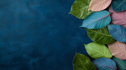 Tropical Greens Symphony Lush Leaves Cluster on Deep Blue, Serene Minimalist Composition for Branding and Design Projects