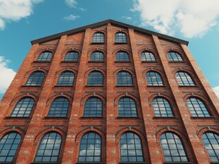 Fototapeta premium Majestic Red Brick Building with Arched Windows under Blue Sky - Urban Architecture Symmetry and Elegance