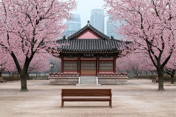 Serenity of Traditional Korean Architecture Cherry Blossom Haven in Urban Oasis