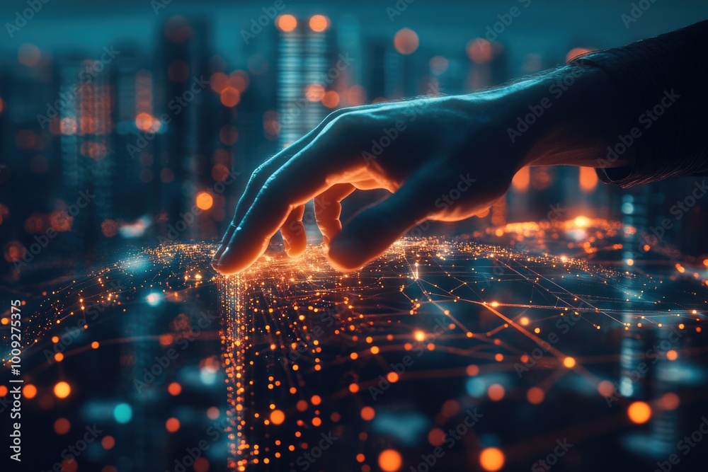 Poster A person's hand touches the glowing city skyline, ideal for urban or futuristic concept images