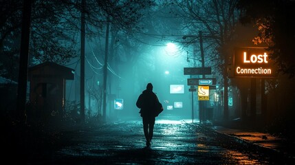 A figure walks down a deserted, foggy street at night, illuminated by 