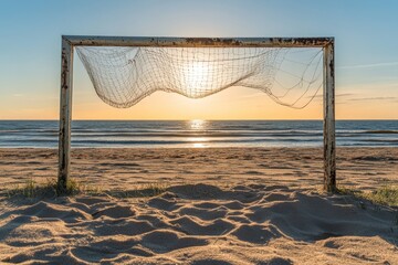 Soccer Goal on Beach at Sunrise
