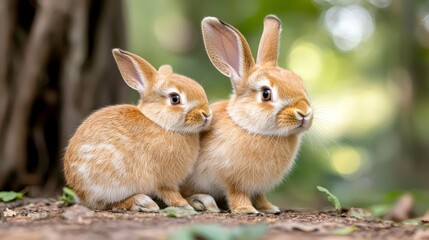 Fototapeta premium Tranquil Woodland Encounter Adorable Fluffy Rabbits in Sunlit Forest - Serene Nature Wildlife Photography
