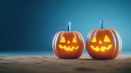 Cheerful Halloween pumpkins glowing in a dark setting