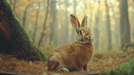 Enchanting Closeup of Brown Rabbit in Forest Setting with Golden Light - Tranquil Wildlife Scene for Nature Calendars and Children's Books