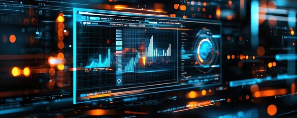 Fototapeta premium A futuristic digital display with graphs and data, glowing with blue and orange lights.