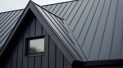 close up view of modern gray metal roof with sharp angles and sleek design, showcasing architectural details and textures. roof features contemporary style that enhances overall aesthetic of