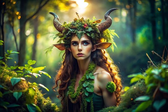 Enigmatic Fauno Surrounded by Nature in a Mystical Forest Setting with Lush Greenery and Light