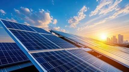 Solar panels on a rooftop at sunset with a city skyline in the background.