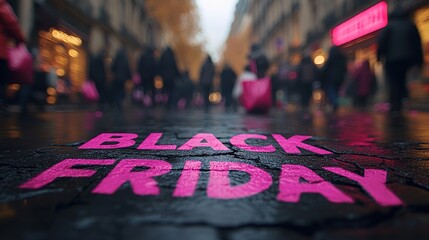 A close-up of a pink Black Friday inscription on the asphalt against a background of blurred people with colorful bags. The concept of discounts and sales