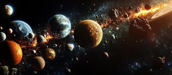 Naklejka premium Cosmic Collision: Planets and Asteroids in a Fiery Dance