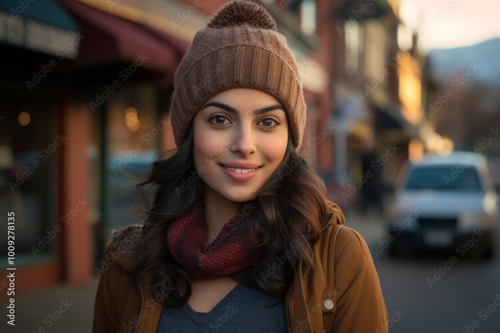 Sticker Portrait of a tender indian woman in her 20s donning a warm wool beanie in charming small town main street