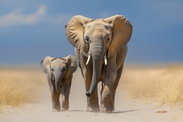An adult and a baby elephant walking on a sandy path