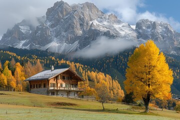 Alpine Cabin with Golden Trees and Snow-Capped Mountains