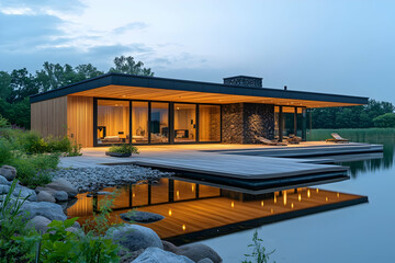 Fototapeta premium Modern Wooden House with Stone Wall and Deck Overlooking a Calm Lake at Dusk