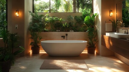 Fototapeta premium sleek and modern bathroom interior featuring a freestanding tub stylish fixtures and ambient lighting surrounded by lush greenery and elegant decor