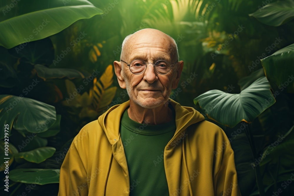 Poster Portrait of a satisfied man in his 80s dressed in a comfy fleece pullover over lush tropical rainforest