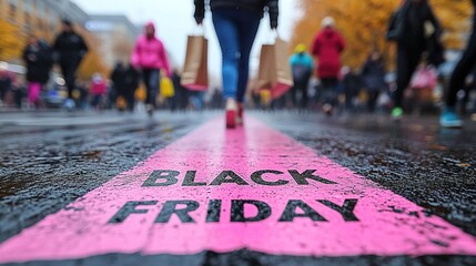 A close-up of a pink Black Friday inscription on the asphalt against a background of blurred people with colorful bags. The concept of discounts and sales
