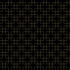 Abstract geometric pattern with crosses, stripes, lines. Seamless vector background. Black and gold ornament. Modern reticulated graphic design.