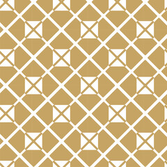 Abstract geometric pattern with crosses, stripes, lines. Seamless vector background. White and gold ornament. Modern reticulated graphic design.