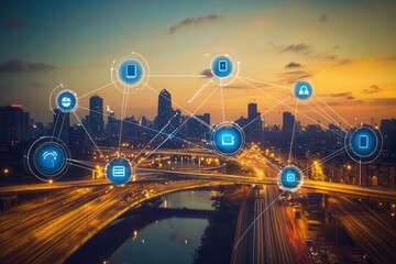 A city skyline at sunset with digital icons representing technology and connectivity.