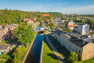 Old tenement houses in the Orunia district of Gdańsk. View from the drone.