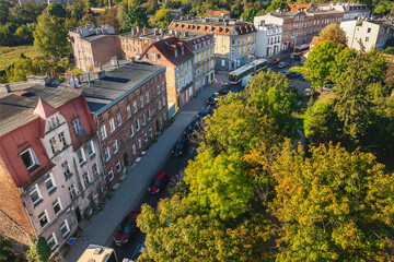 Old tenement houses in the Orunia district of Gdańsk. View from the drone. © Kamil