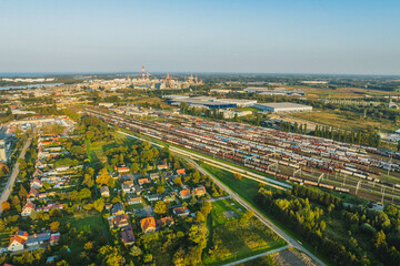 Railway siding in Gdańsk seen from a drone. Freight trains.