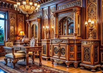 Obraz premium Exquisite Ebanista Craftsmanship Showcasing Intricate Woodwork and Detailed Furniture Design