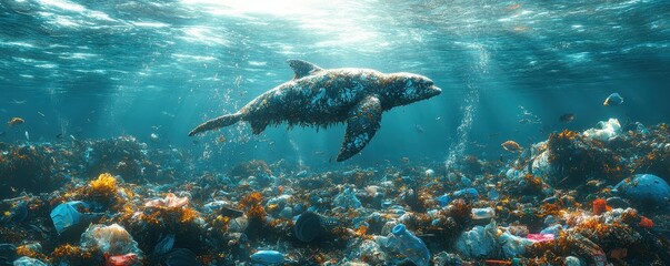 Fototapeta premium A dolphin swims through a sea filled with plastic waste.