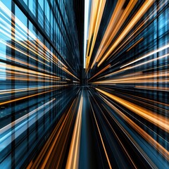 Speed movement enterprise, blurred streaks of employees moving quickly through a high-tech workspace, wide-angle shot showcasing energy, speed, and efficiency