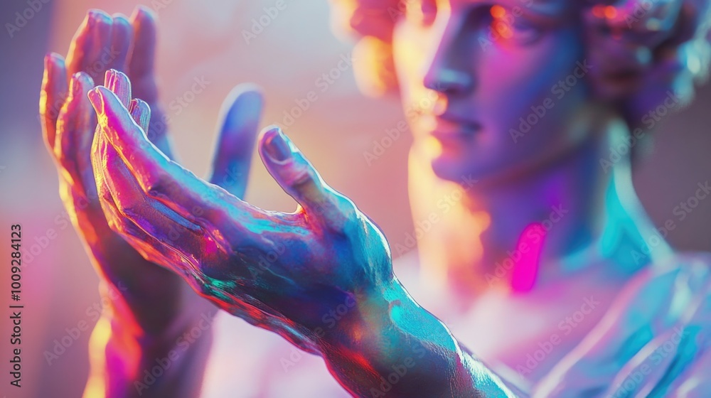 Poster a close-up view of a person's hands grasping each other on a statue