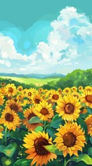 Obraz premium Sunflowers stretch towards the sky in this bright and cheerful landscape, representing hope and growth, with their golden petals glowing under the sunlight