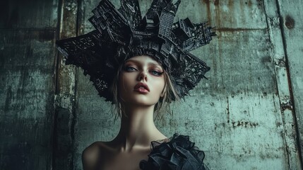 An unconventional fashion photoshoot featuring a model with exaggerated, architectural headwear, posed in front of a stark, industrial-style background
