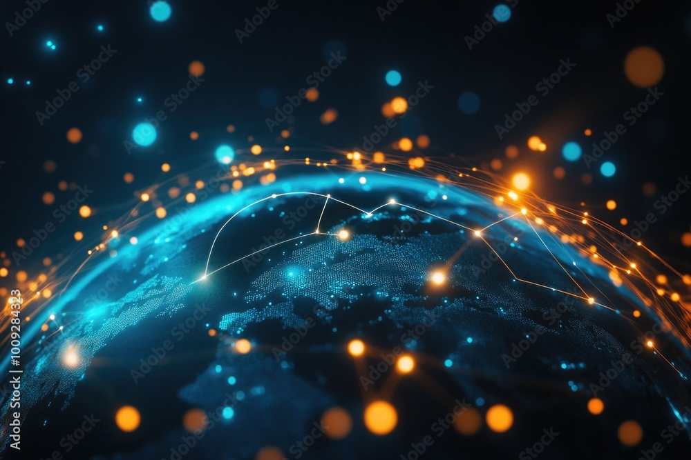 Poster a close-up of a planet with many lights representing cities, perfect for use in illustrations or des