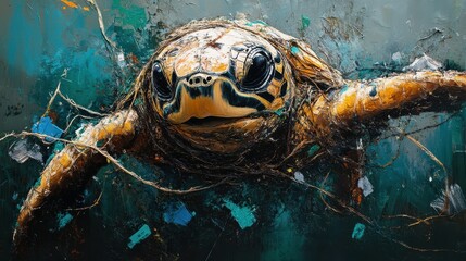 A sea turtle entangled in plastic waste, a powerful reminder of ocean pollution.