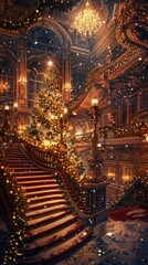 The grand staircase elegantly draped with festive garlands and twinkling lights perfectly complements the majestic and celebratory style of the interior hotel
