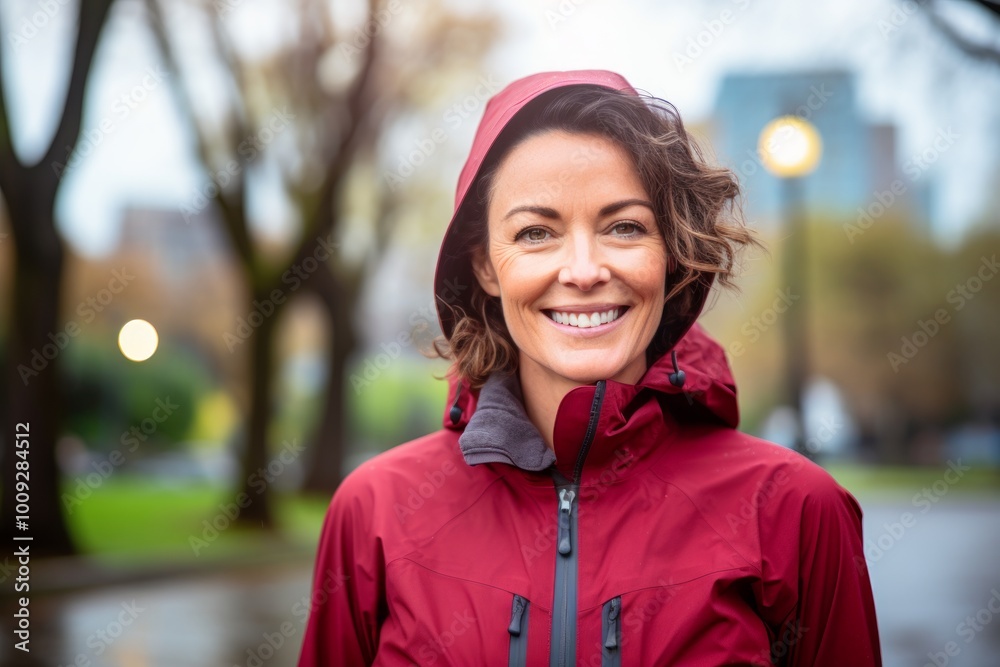 Poster Portrait of a happy woman in her 40s wearing a windproof softshell in front of vibrant city park