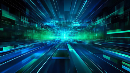 Abstract digital landscape depicting a futuristic blue and green grid moving rapidly through space and time during a nighttime scene