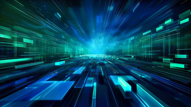 Abstract digital landscape depicting a futuristic blue and green grid moving rapidly through space and time during a nighttime scene