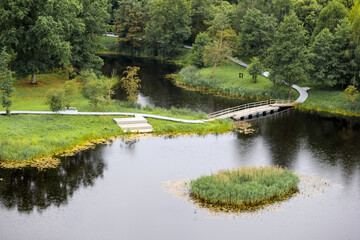 Obraz premium created a nature park with a tree garden with a pond and a wooden path