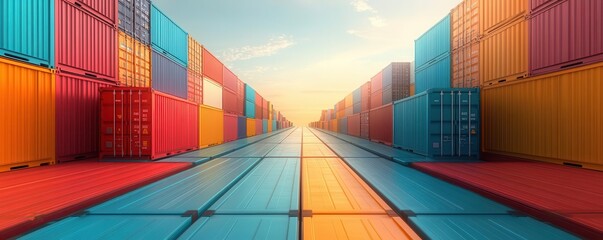 Fototapeta premium Colorful shipping containers create a vibrant path towards the horizon, symbolizing trade and logistics in a modern environment.