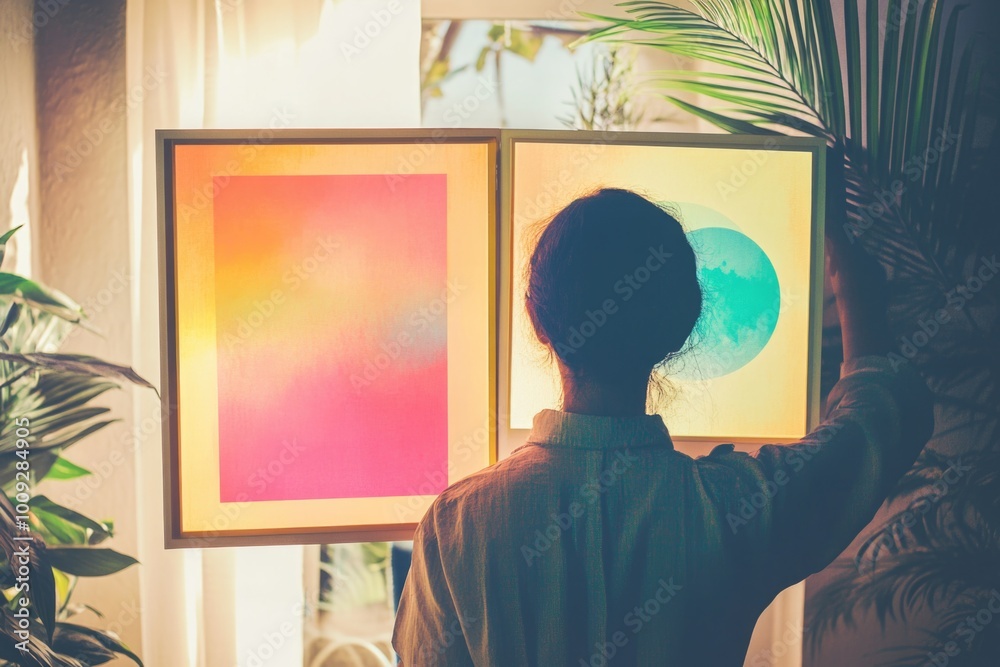 Poster a person holds up two framed pictures in front of a window, ideal for use in home decor or art displ