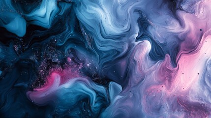 Obraz premium Abstract swirling blue, pink, and black liquid paint background texture.