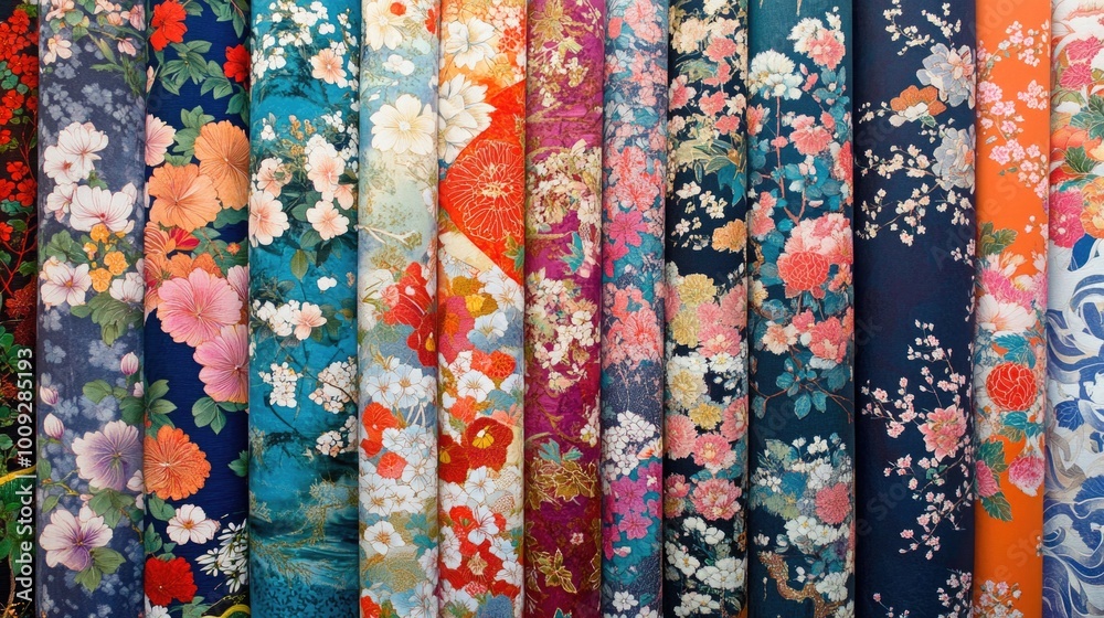 Poster a collection of vibrant fabrics hangs on a wall, great for showcasing textiles or adding color to a 